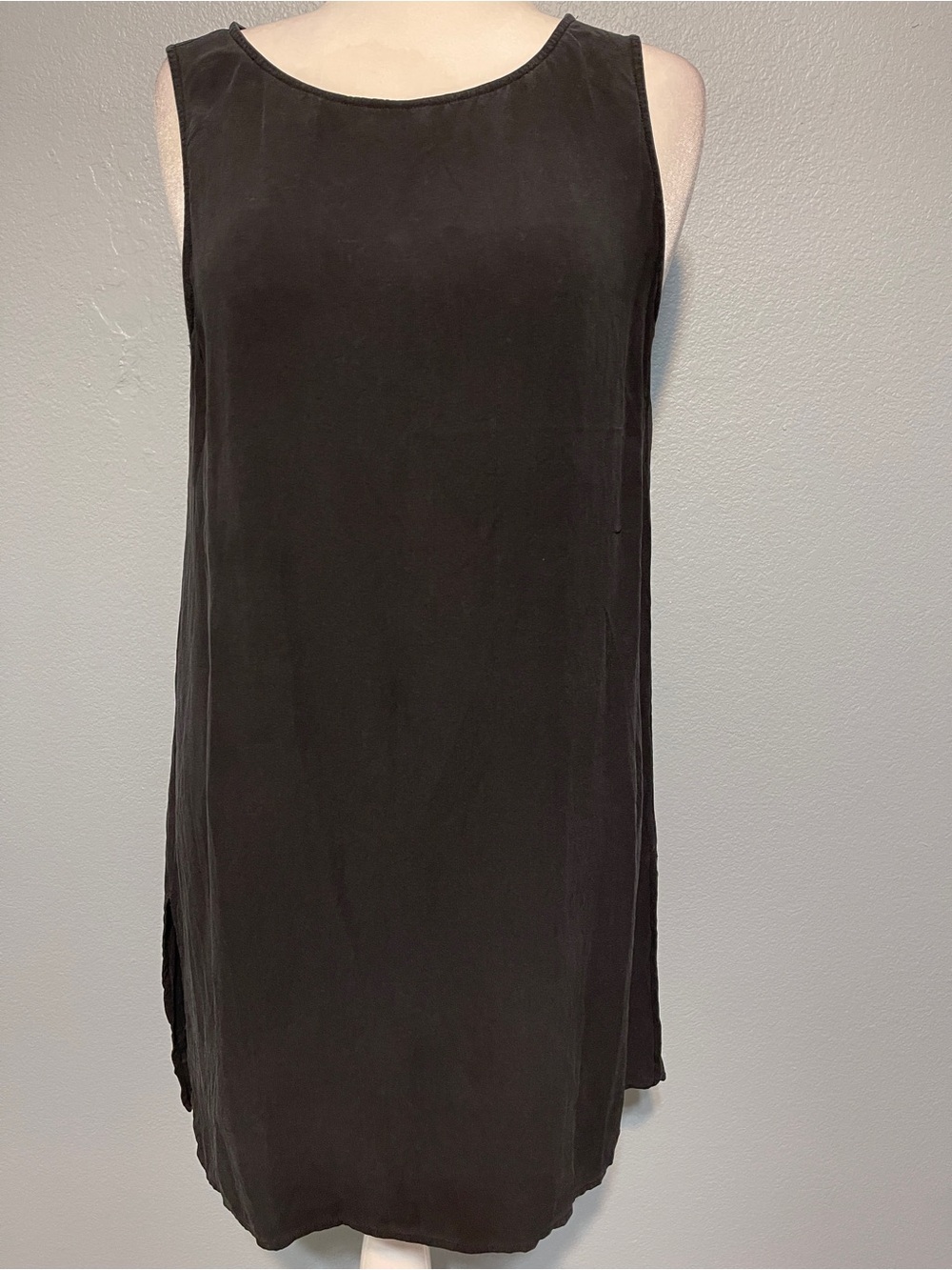 Eileen Fisher Black Silk Sleeveless Shift Dress Side Slit Minimalist Medium
